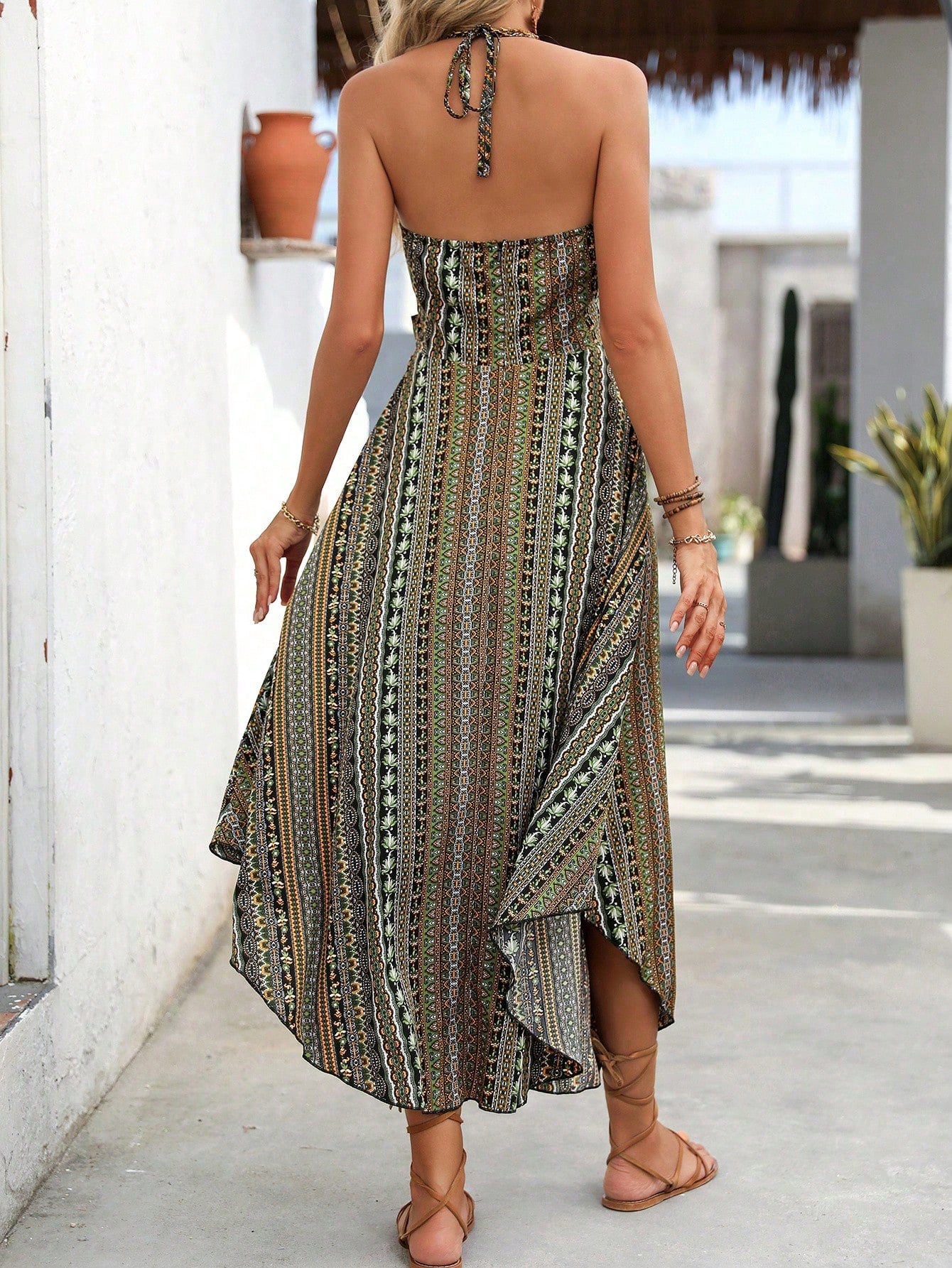 Women's Summer Printed Sling Dress with Lace Detail and Decorative Neck Casual Midi Dress