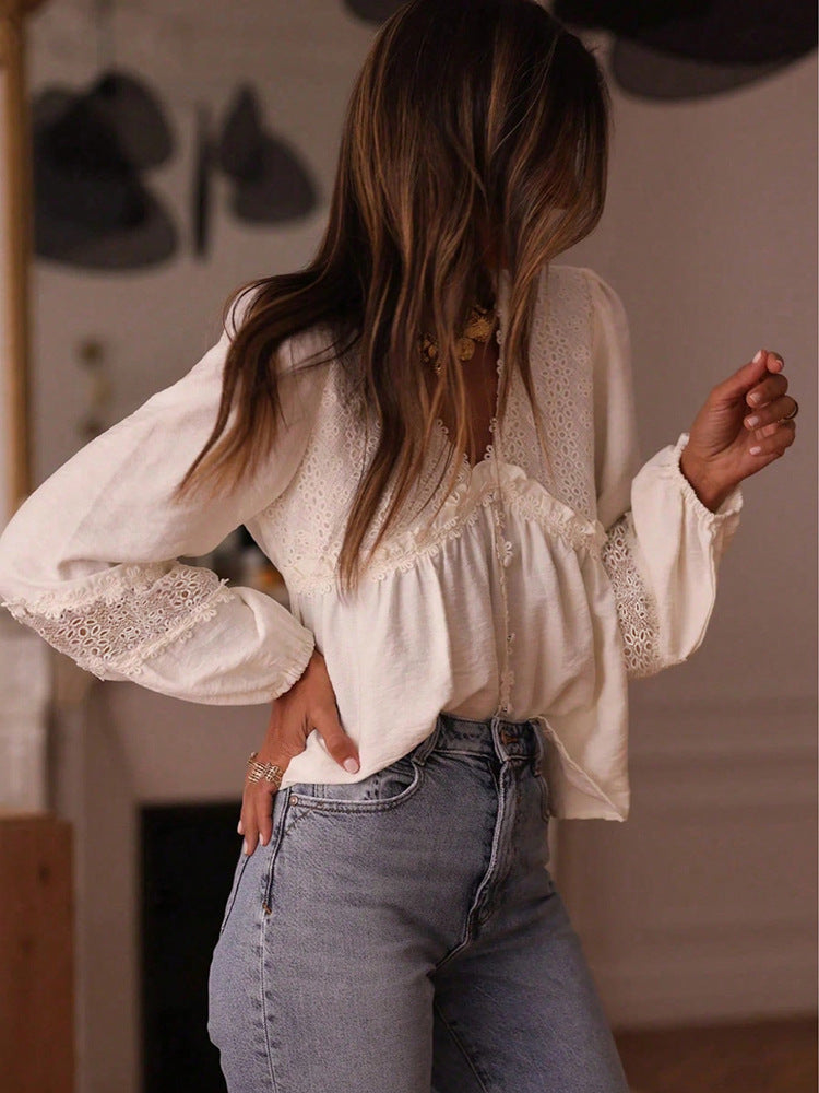Women's Floral Lace Embroidered Loose V-Neck Shirt – Elegant Casual Long Sleeve Blouse