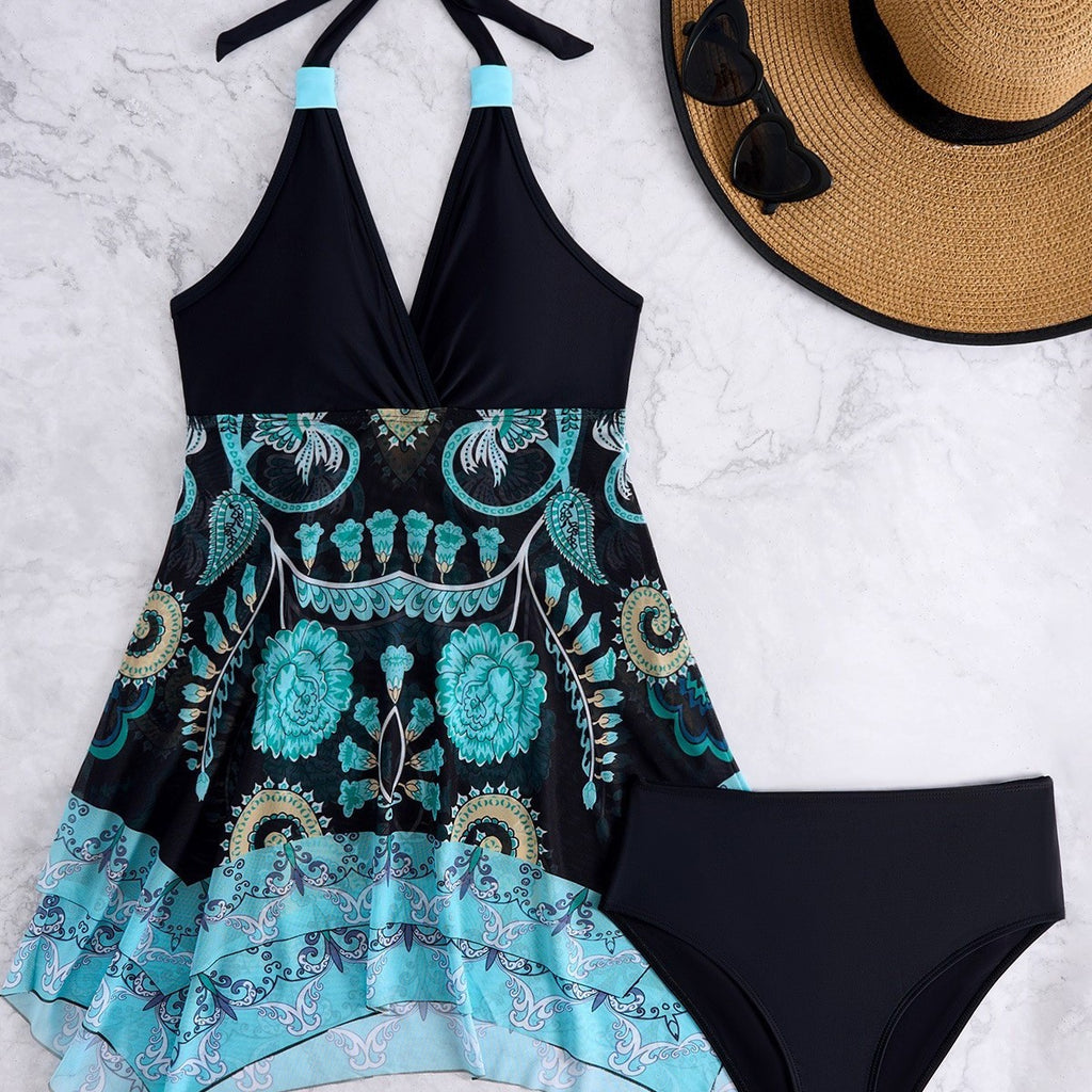 New Digital Print Floral Tankini Belly-Slim Conservative Beach Split Swimsuit for Women
