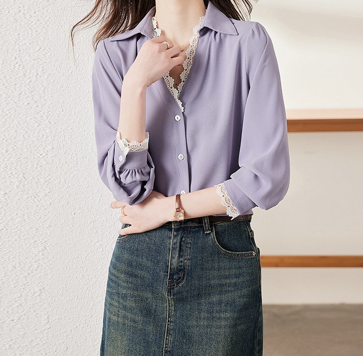 Women's White Chiffon V-Neck Blouse - Elegant Long-Sleeve Shirt