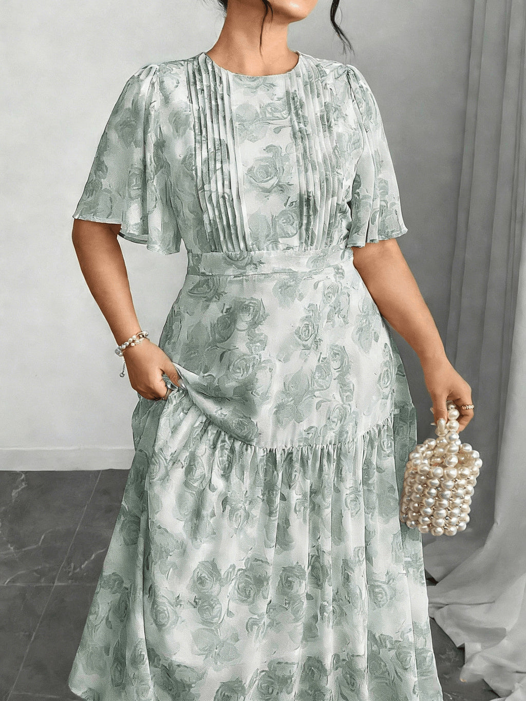 Women's Plus Size Fashion Printed Pleated Long Dress, Elegant Round Neck Casual Maxi Dress, Comfortable Everyday Wear