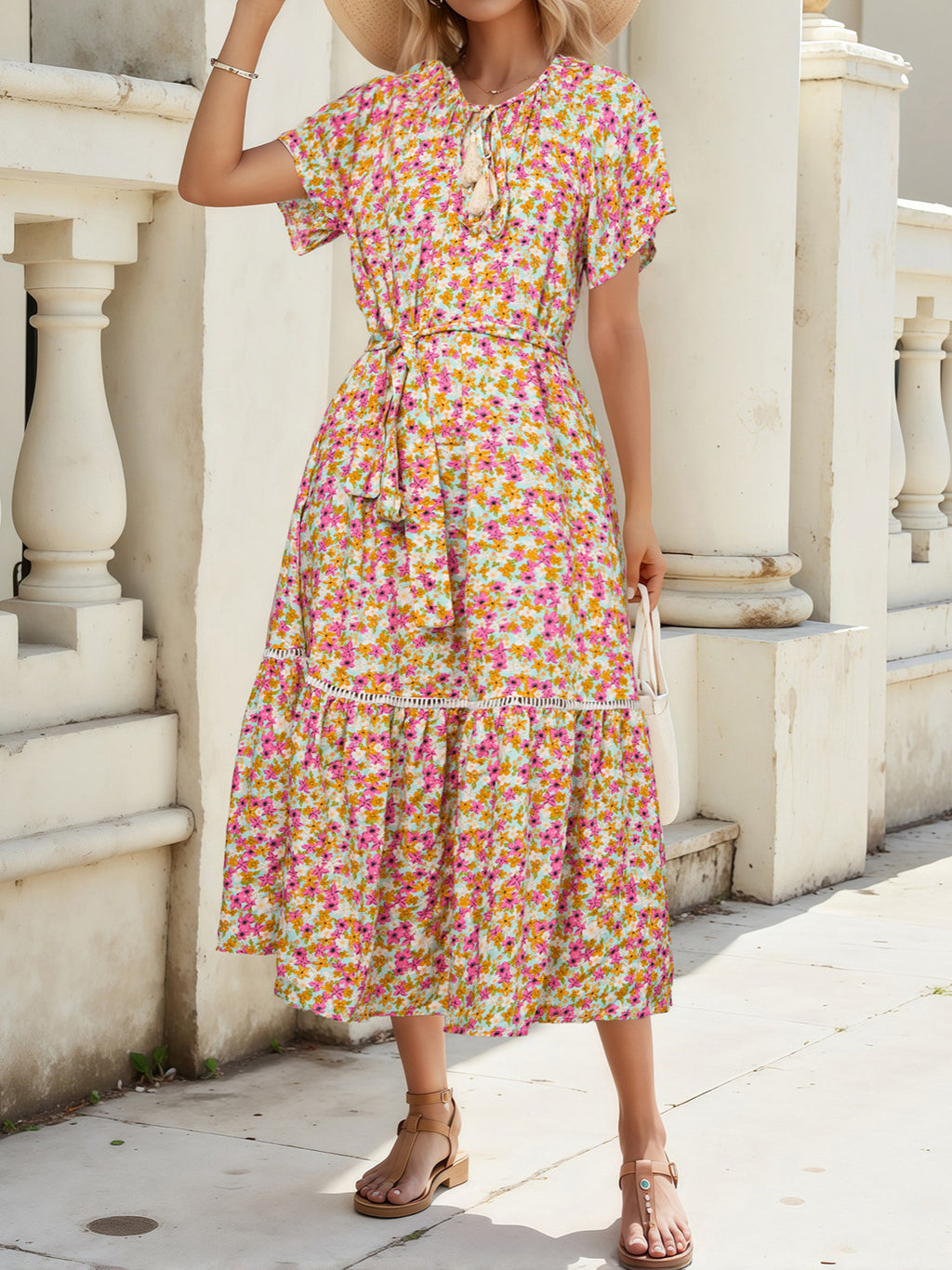 Women's Floral Lace-Up Rayon Printed Midi Dress – Lightweight Casual Short Sleeve Summer Dress