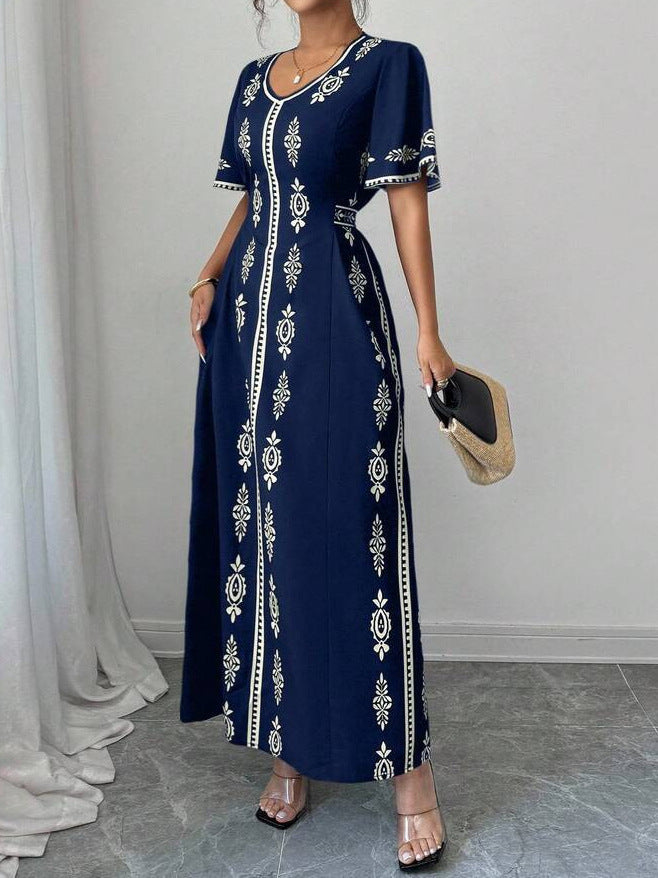 Fashion Printed Women's Summer Dress – Elegant Short Sleeve Waist-Cinching Slim Fit Casual Midi Dress