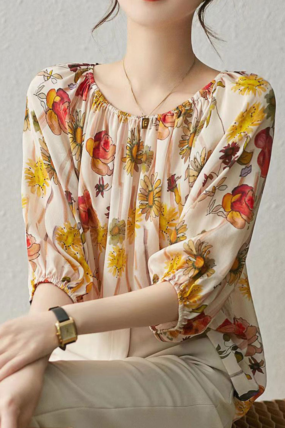 Women Beautiful Floral Printed Round Neck Silk Shirt & Blouse
