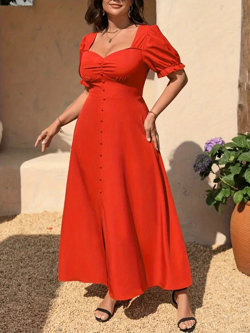 Women's Plus Size Puff Sleeve Square Neck Summer Casual Fashion Dress