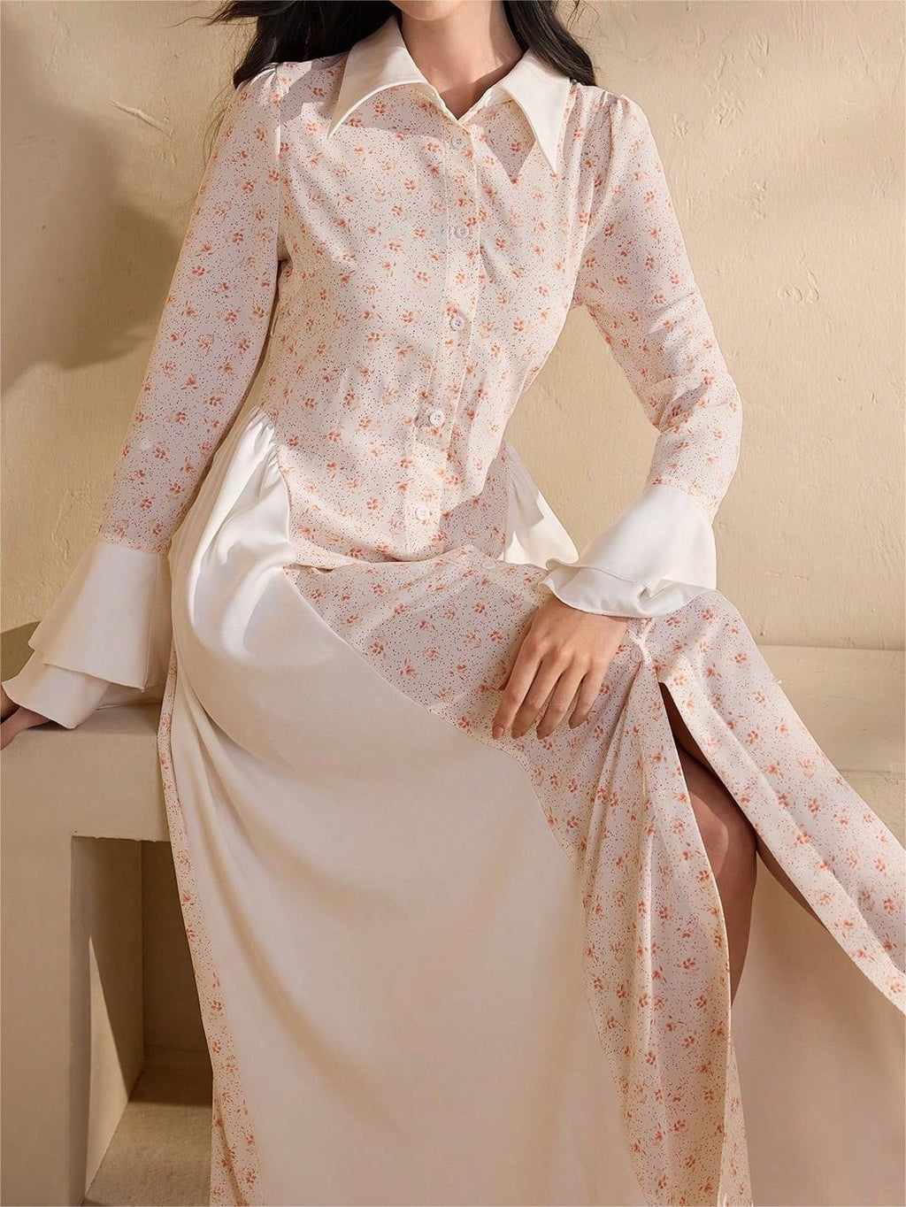 Women's Summer Elegant Long Sleeve Button Front Bell Sleeve Maxi Dress