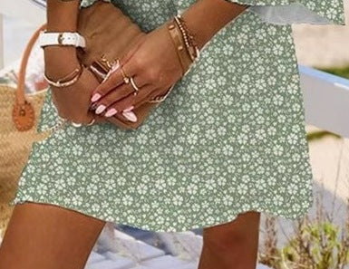 Women's Spring and Summer Floral Casual V-Neck Loose Simple Dress