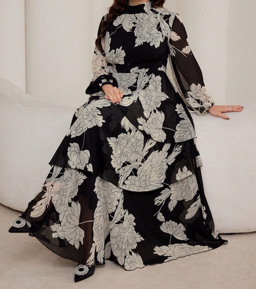 Women's Plus Size Stand Collar Tie Waist Midi Dress Elegant A-Line Full Skirt Short Sleeve Casual Dress