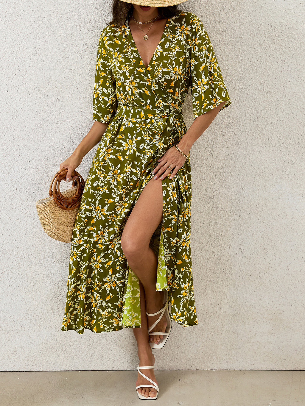 Women's Printed Floral Tie-Up Slit Maxi Dress – Bohemian Summer Vacation Long Dress
