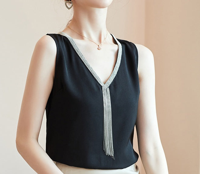 Women's Adjustable Shoulder Strap V-Neck Silk Suit Set