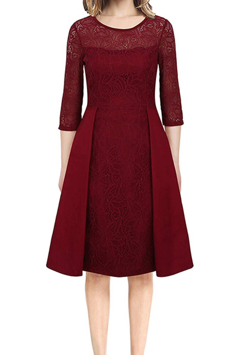 Women Elegent Solid Pattern Half Sleeve Knee Length Comfortable Round Neck Party Dress