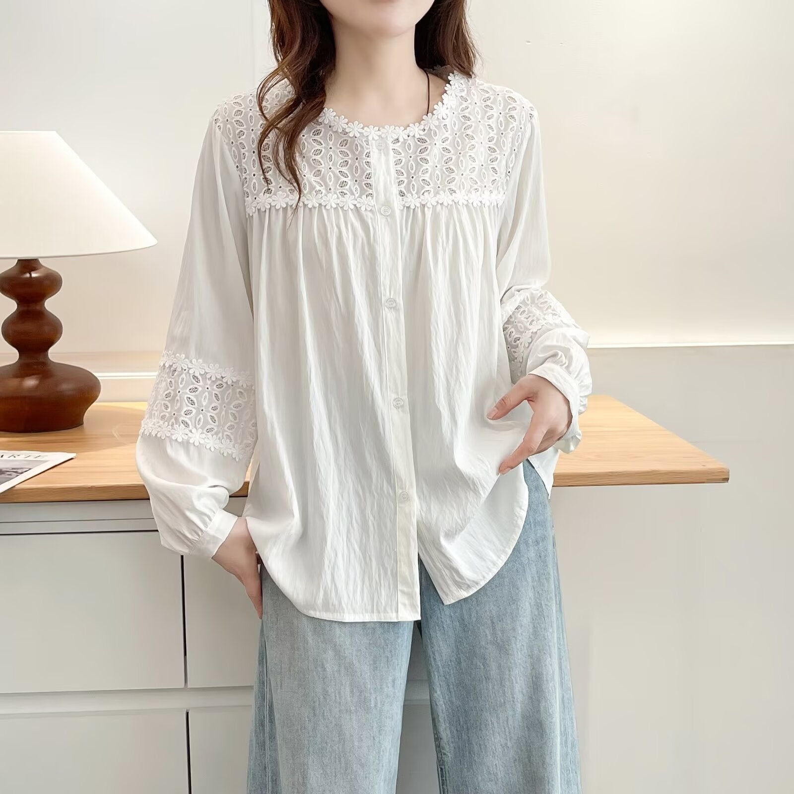 Women's Crochet Patchwork Long Sleeve Shirt – Trendy Casual Button-Up Blouse for Everyday Wear