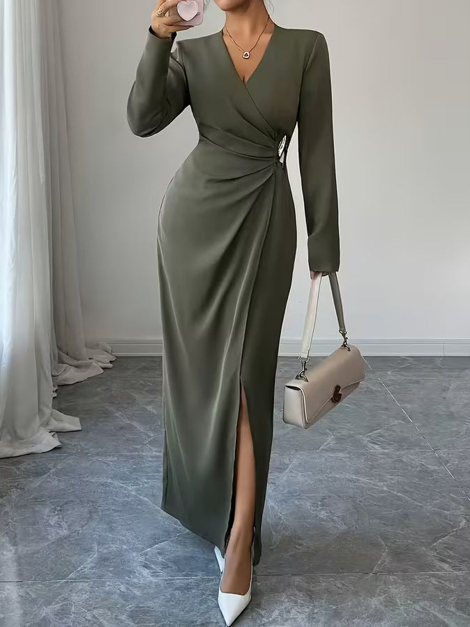 Women's Elegant Long Sleeve Maxi Dress with Side Slit, Irregular Hem, French-Inspired Fashion Dress