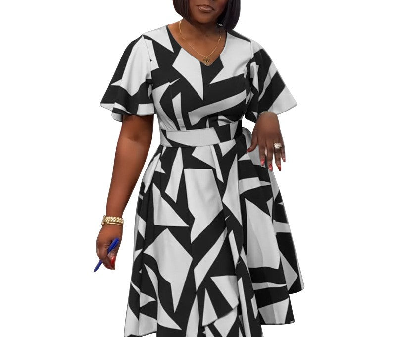 2025 Spring Summer Elegant Women's V-Neck Digital Print Slit Dress – Chic Lightweight Casual Maxi Dress