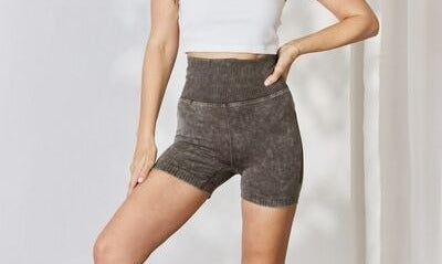Women's Zenana Washed Wide Waistband High Waist Shorts