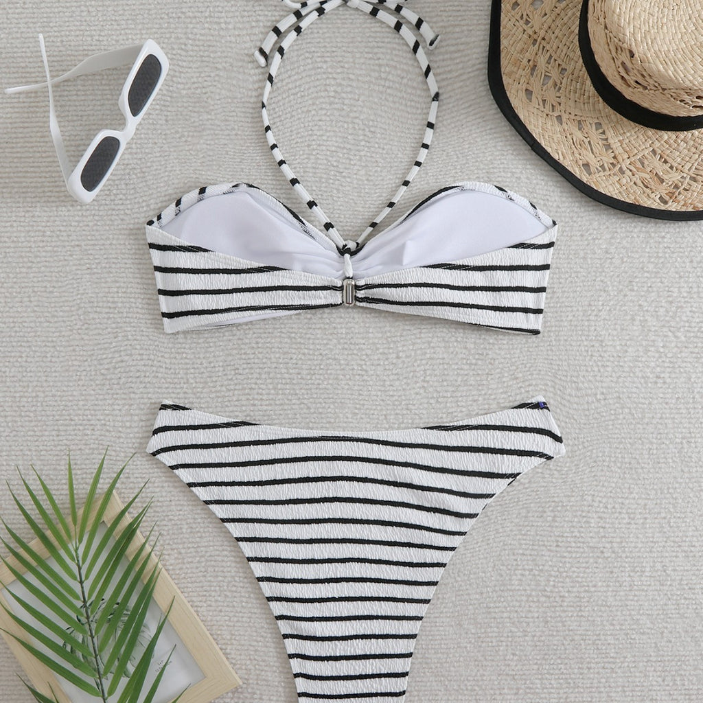 Black & White Striped Lace-Up Neck High-Waist Split Swimsuit