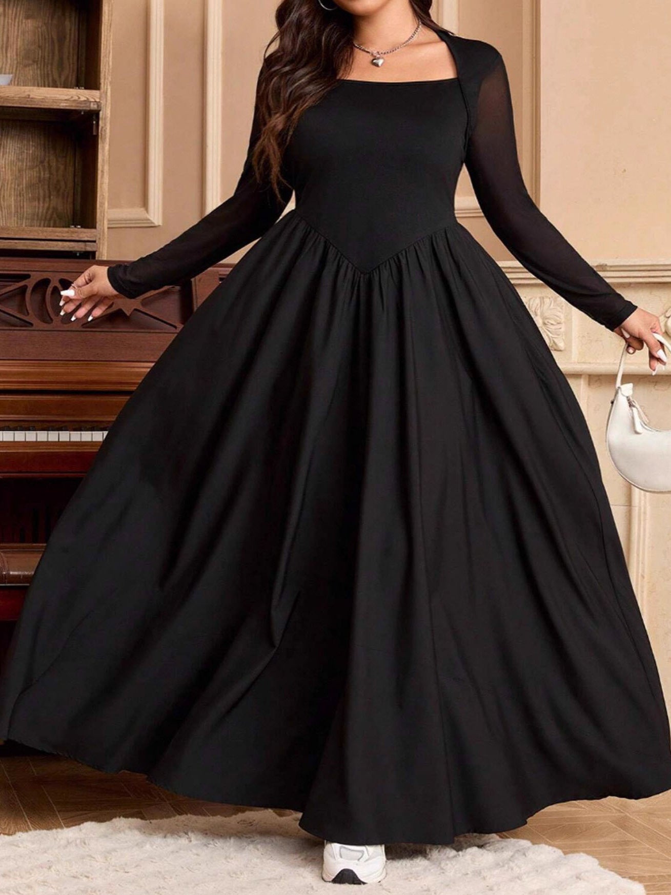 Women's Autumn Winter Solid Color Large Swing Maxi Dress Elegant High Waist Long Sleeve Plus Size Dress
