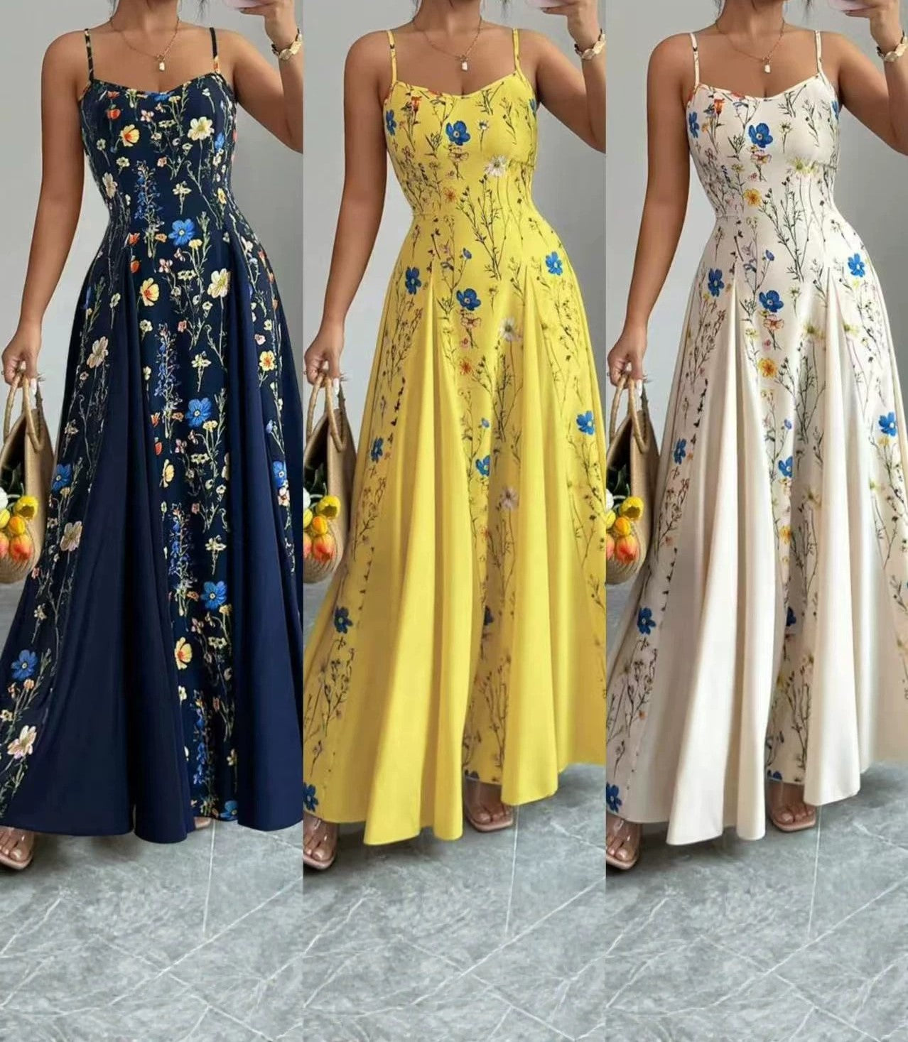 Women's Elegant Printed Strap Maxi Dress – Lightweight Sleeveless Summer Vacation Long Dress with Flowing Fit