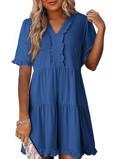 New Spring and Summer Loose V-Neck Short-Sleeved Casual Solid Color Dress for Women