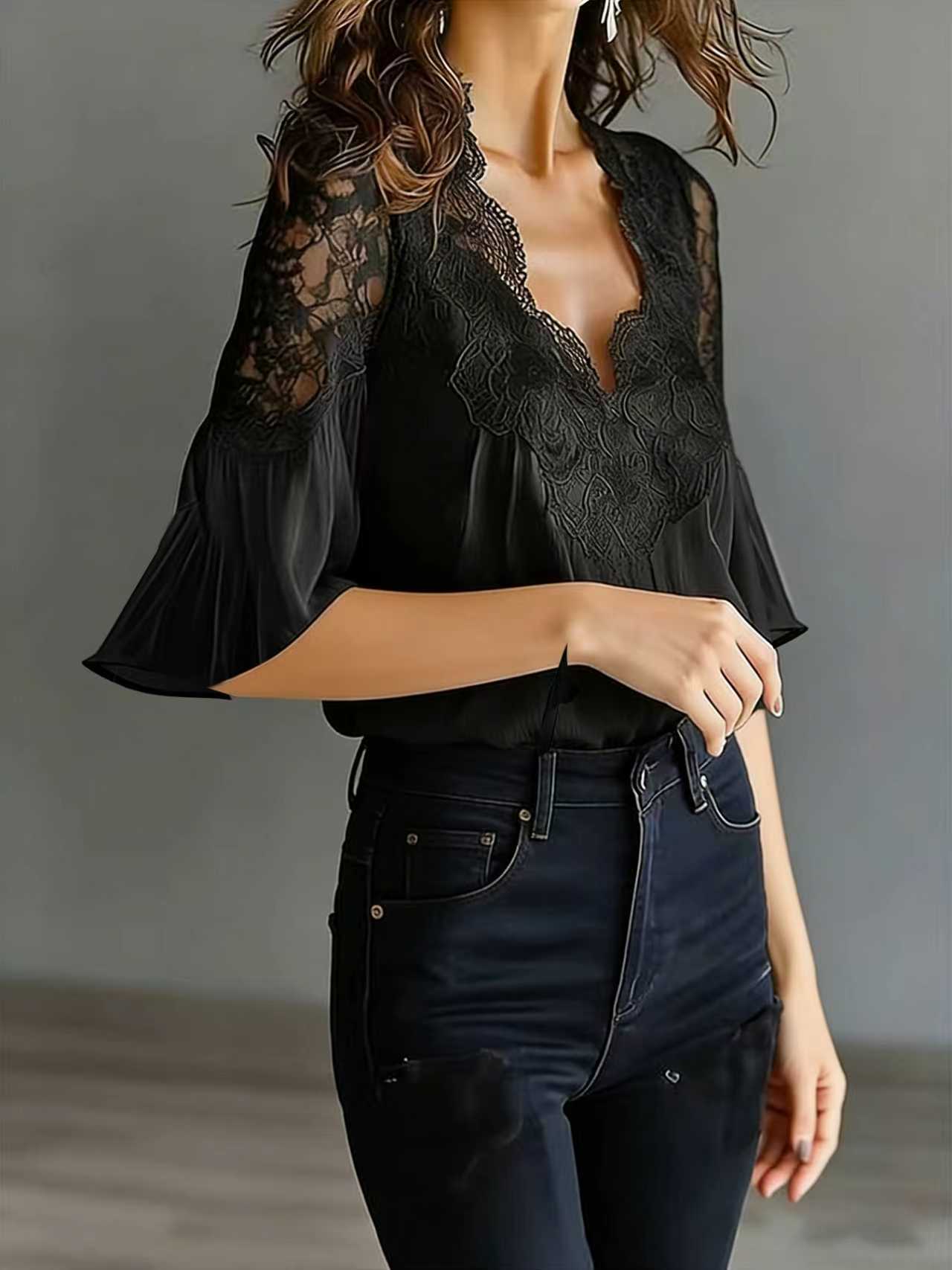 Fashion Women's Lace Patchwork Puff Sleeve Pleated Short-Sleeve Blouse Elegant Casual Summer Top