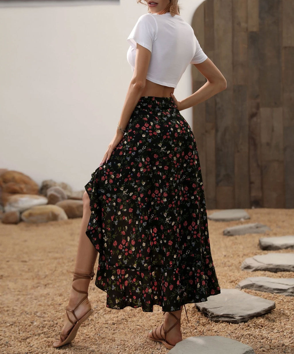 Women's Romantic Floral Print Ruffle Skirt with Irregular Hem and Side Slit Elegant Casual Midi Skirt