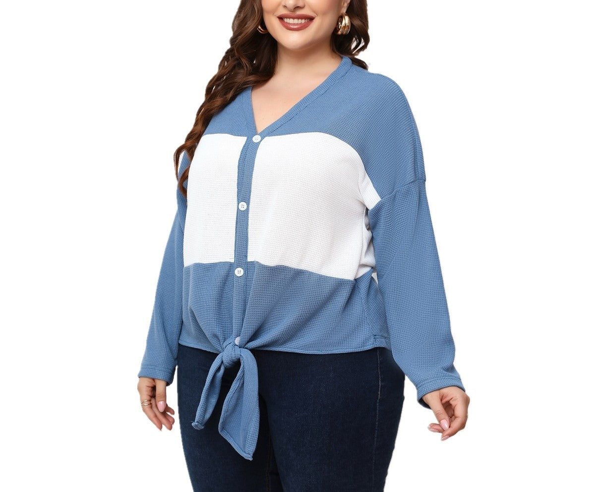 Plus Size Women’s Spring & Autumn V-Neck Long-Sleeve Open Placket Top – Casual Chic Lightweight Blouse