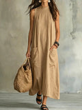 New Elegant Round-Neck Sleeveless Pocket Solid Color Dress for Women