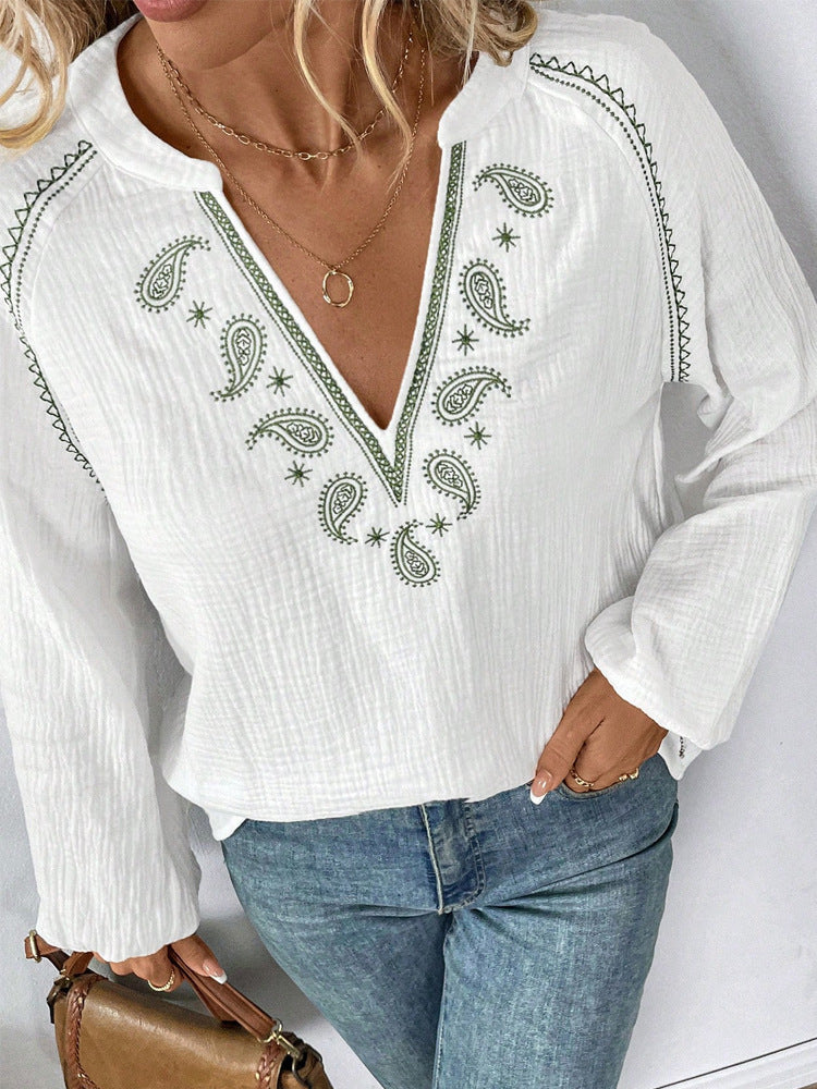 Women's Casual V-Neck Embroidered Long Sleeve Loose Fit Shirt Top