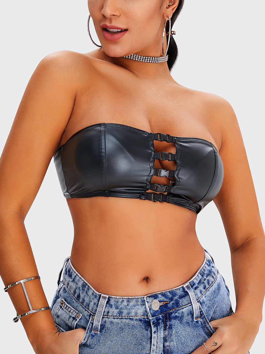 New Ins Elastic PU Nightclub Party Chest-Wrapped Jacket with Pocket Design
