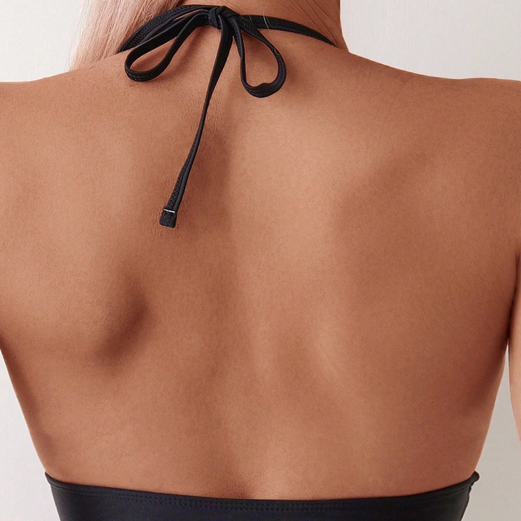Solid Color Mesh Stitching One-Piece Swimsuit with Shoulder Straps & Neck Lace-Up