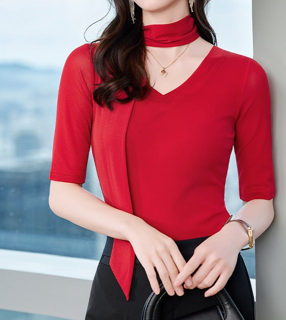 Women's Slim Fit V-Neck Long Sleeve T-Shirt - Solid Color Versatile Fashion Top