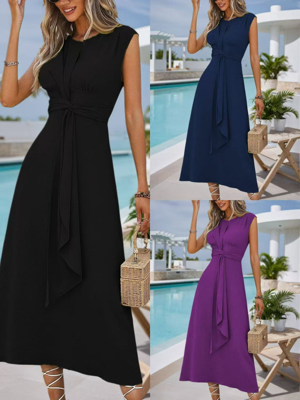 Women's Pure Color Summer Lace-Up Maxi Dress – Elegant Fashion Long Dress for Casual, Vacation & Special Occasions