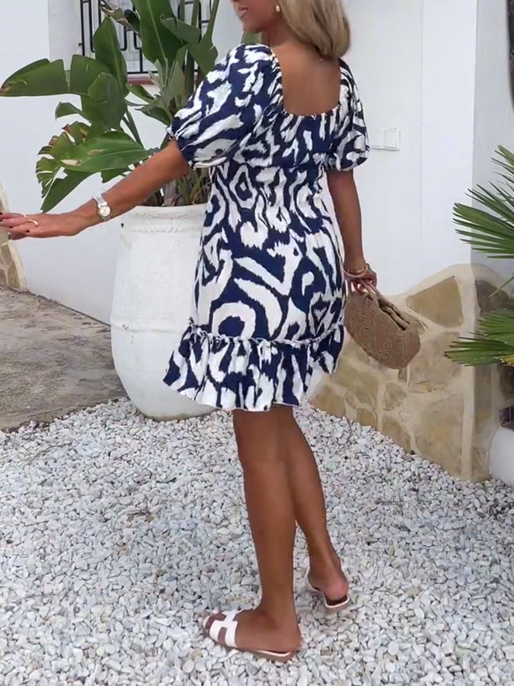 Women's Elegant Printed Bubble Sleeve Dress