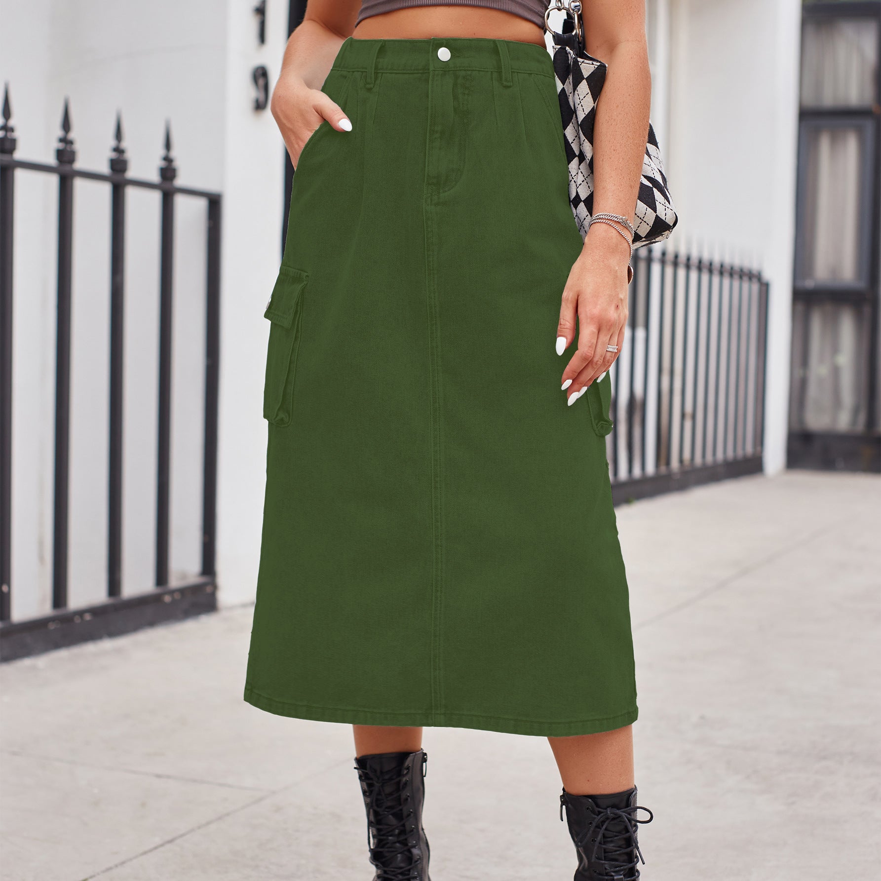 Slimming Wash Denim Cargo Midi Skirt for Women