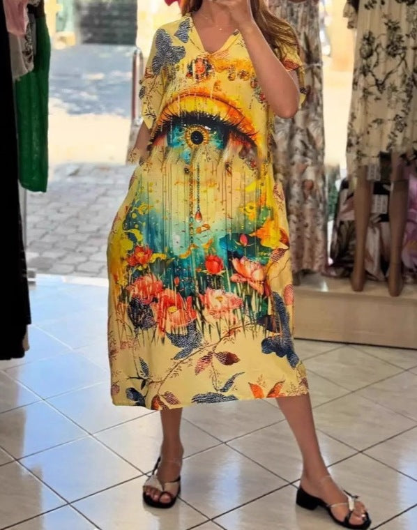 Women's Lapel Printed V-Neck Casual Long Dress