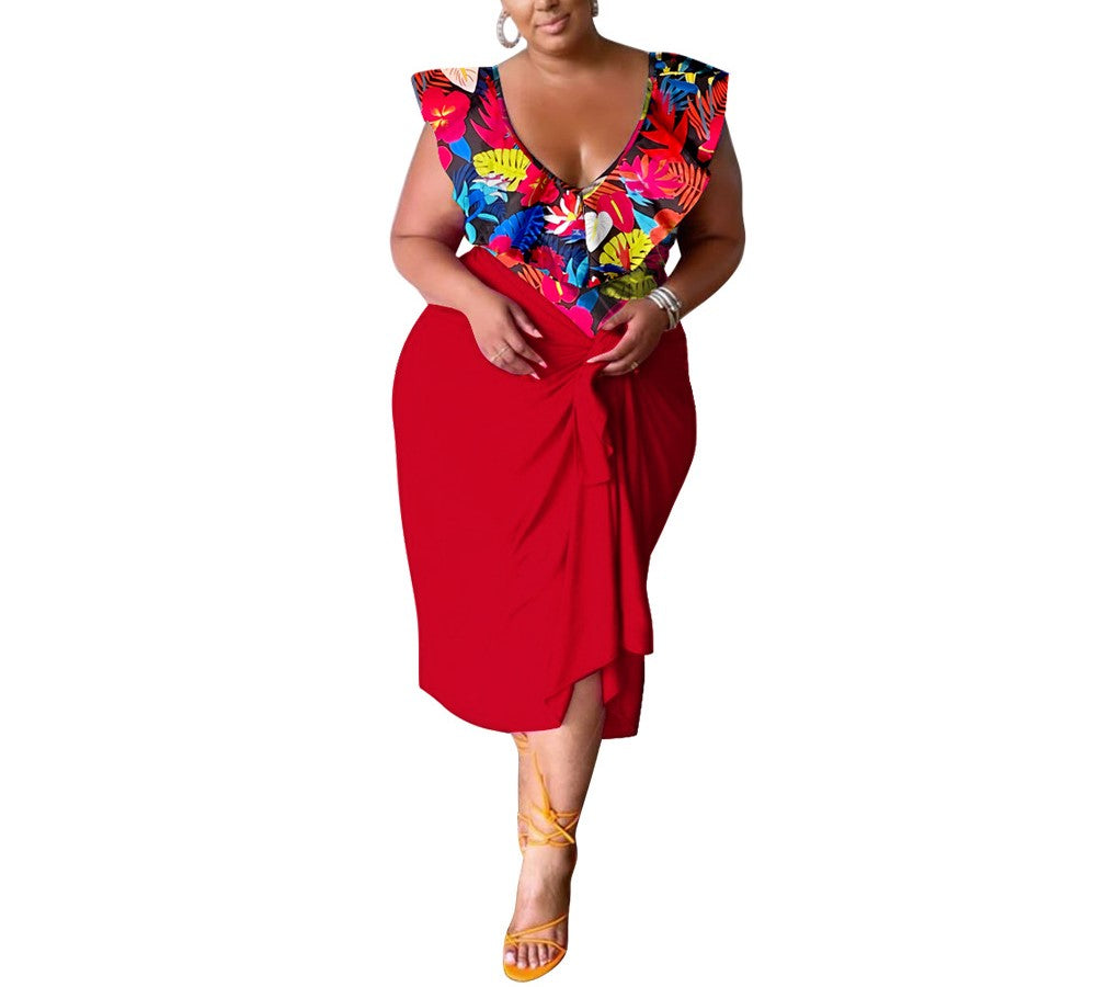 Women's Plus Size Casual V-Neck Printed Jumpsuit Top & Skirt Set – Trendy Two-Piece Outfit