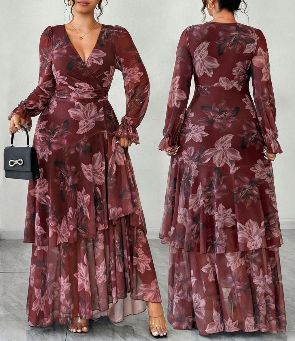 Women's Plus Size Floral Print Maxi Dress with Ruffled Hem, V-Neck, Waist-Cinching A-Line Long Dress