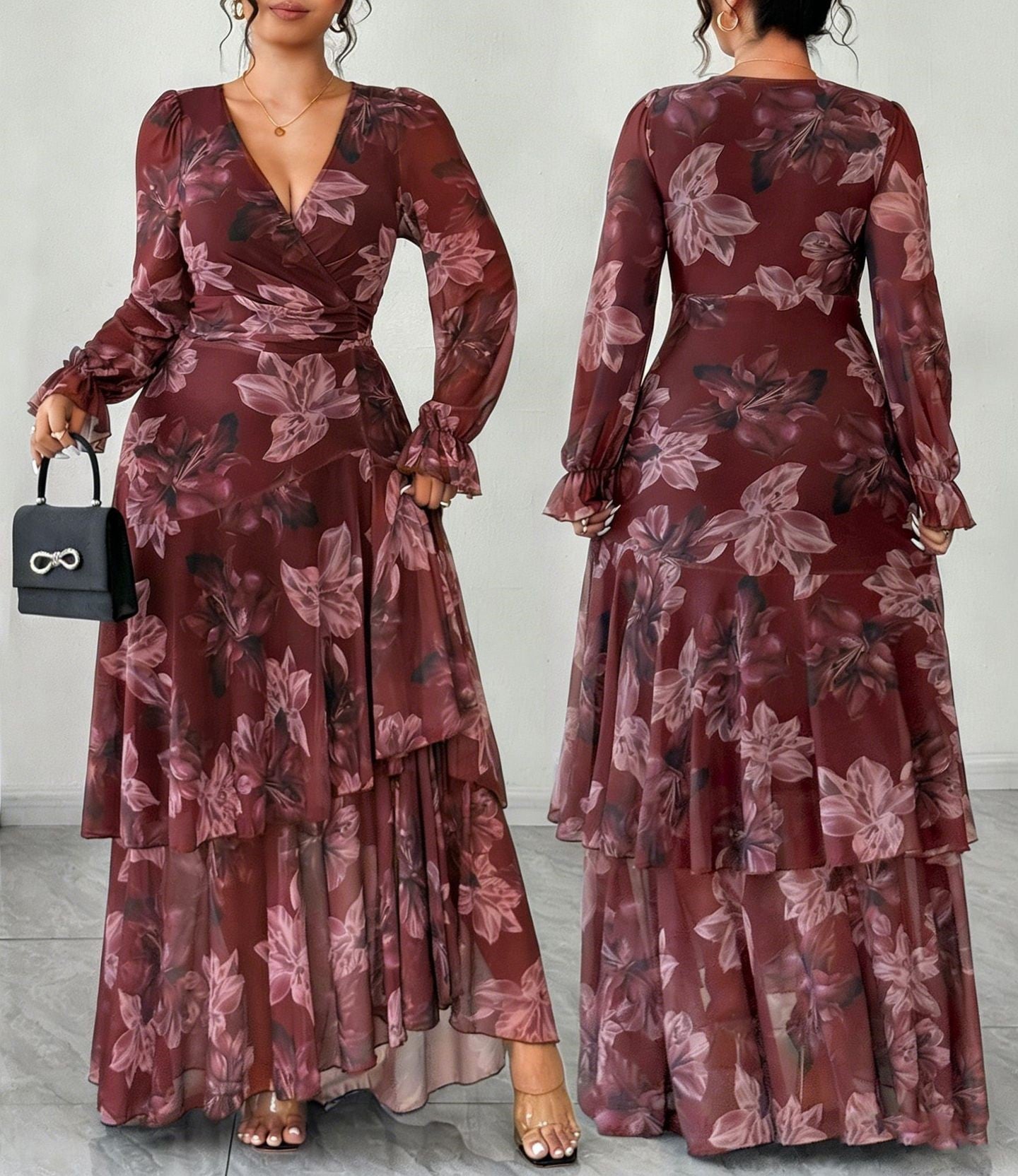 Women's Plus Size Floral Print Maxi Dress with Ruffled Hem, V-Neck, Waist-Cinching A-Line Long Dress