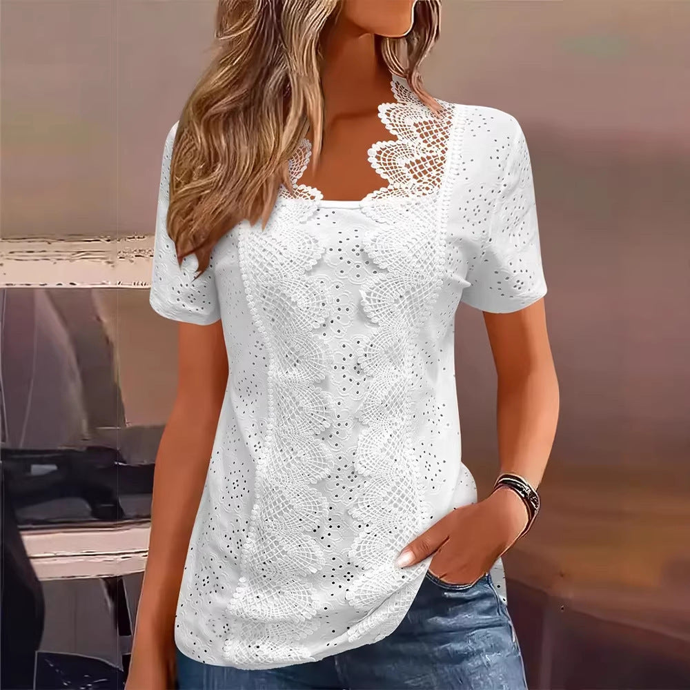 Women's Hollow Lace Collar Solid Color Short Sleeve Fashion Casual T-Shirt