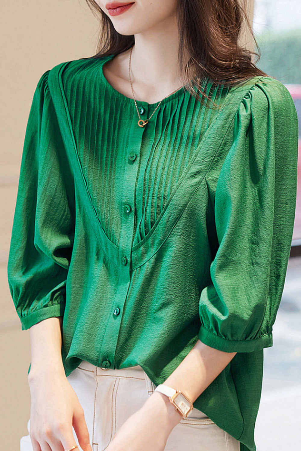 Women Puff Sleeves Spring And Summer New Round Neck Pleated Blouse