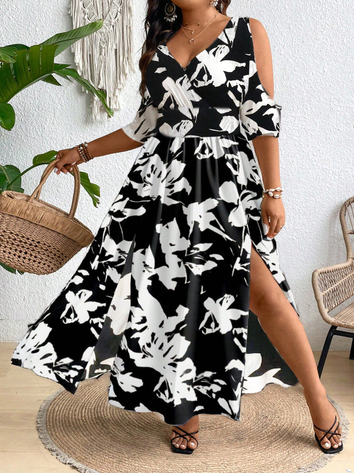 Women's Plus Size V-Neck Printed Sleeveless Maxi Dress – Elegant Shoulder Design, Casual Fashion Long Dress