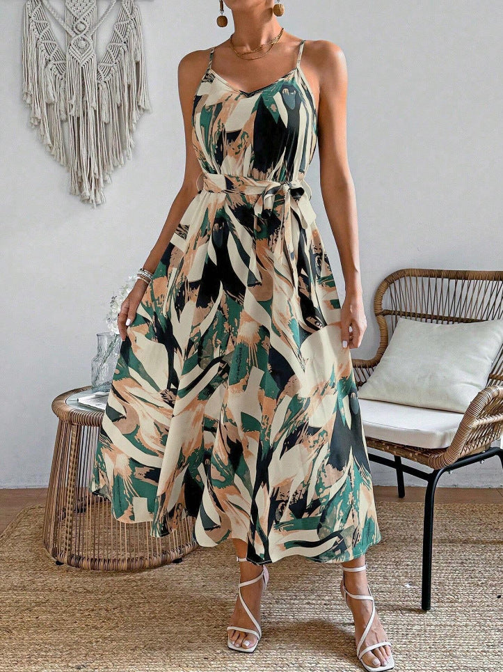 Women's Plus Size Summer Printed Maxi Dress, Vacation Style Spaghetti Strap Casual Beach Dress, Lightweight Comfortable Long Dre