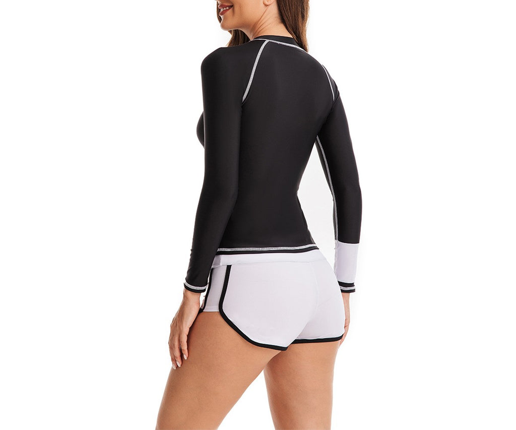 Women’s Two-Piece Flat-Angle Floral Surfing Swimsuit – Long-Sleeve Zip-Up Rash Guard Cardigan Tankini Set