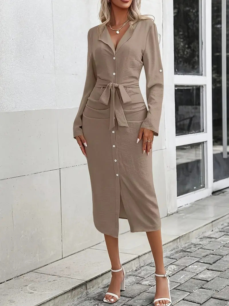 Women's Autumn Elegant Solid Color Pleated Button Front Shirt Dress with Long Sleeves