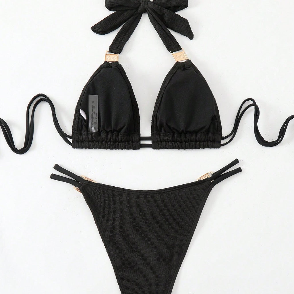 Solid Color Pleated Lace-Up Neck Triangle Bikini Set