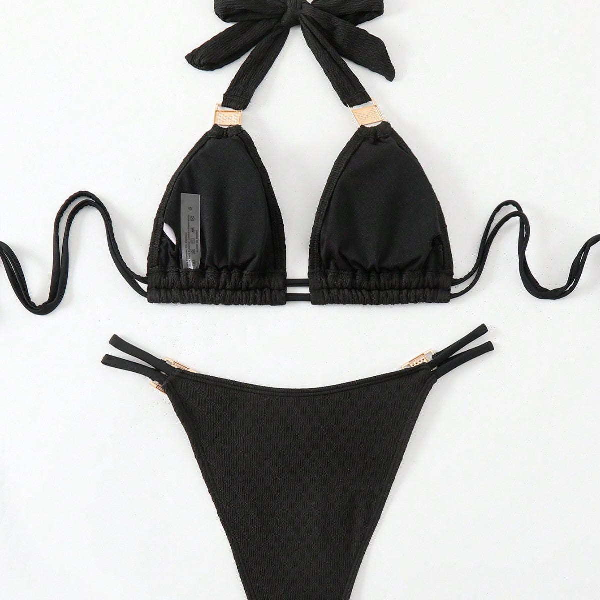 Solid Color Pleated Lace-Up Neck Triangle Bikini Set