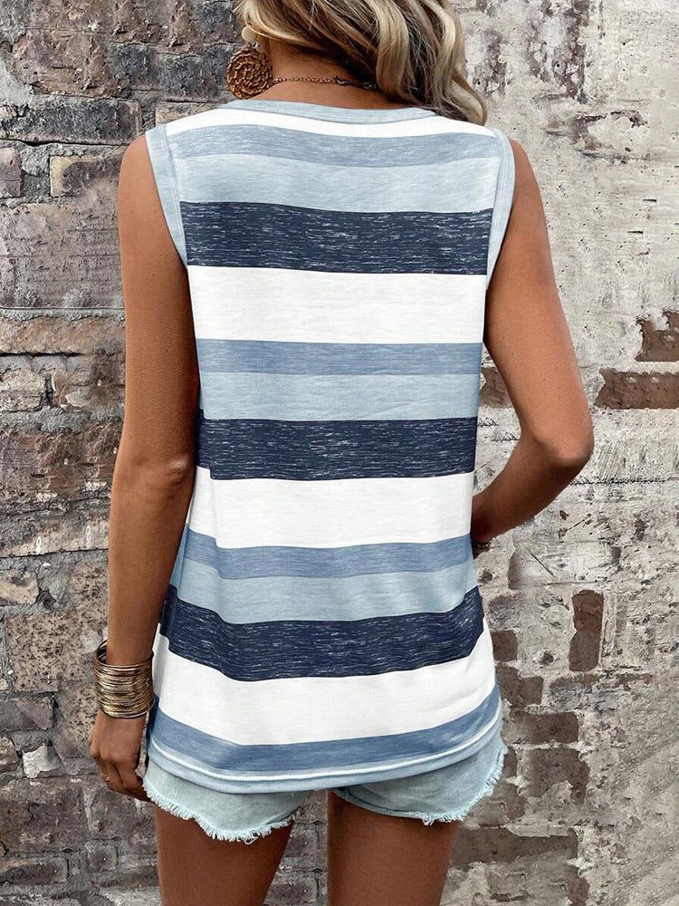 Women's Summer Striped Round Neck Sleeveless Vest Top – Comfortable Casual Everyday Wear