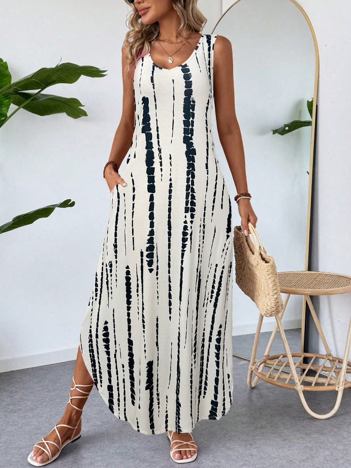 Summer Women's Sleeveless Printed Maxi Dress – Slim Fit Long Vest Style Casual Fashion Dress