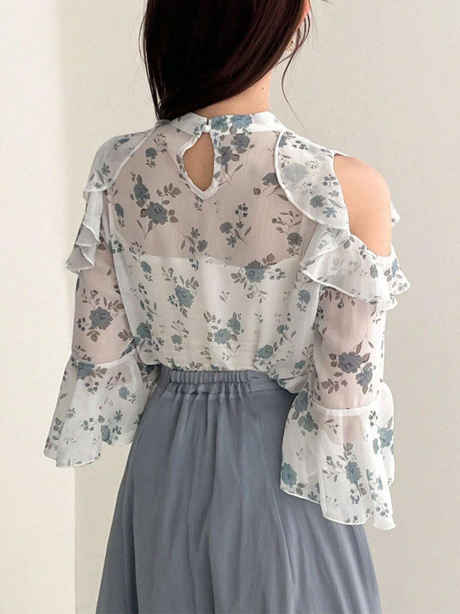Women's Elegant Floral Chiffon Blouse - Summer Off-Shoulder Lightweight Top