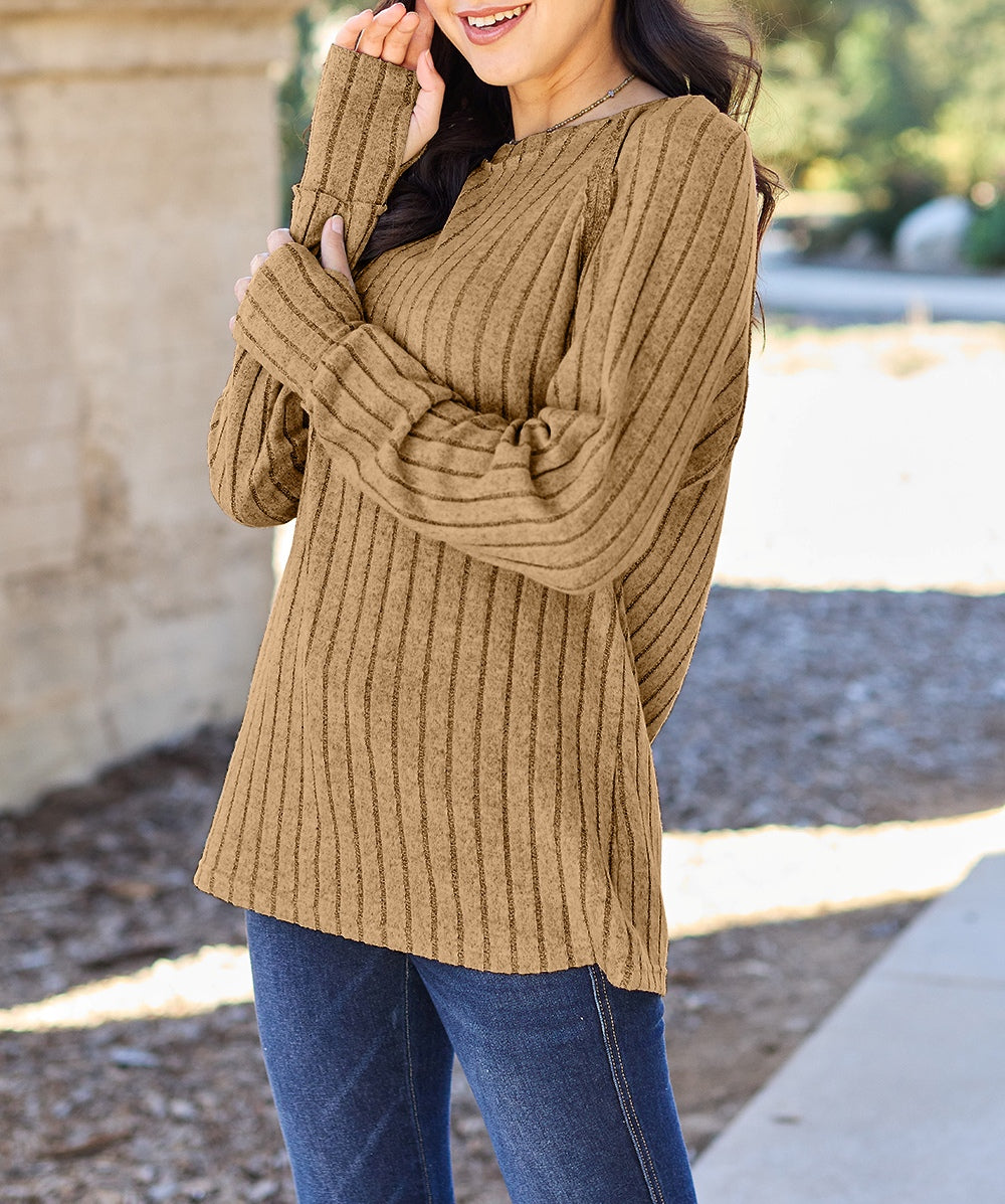 Basic Bae Full Size Ribbed Round Neck Long Sleeve Knit Top Sweater